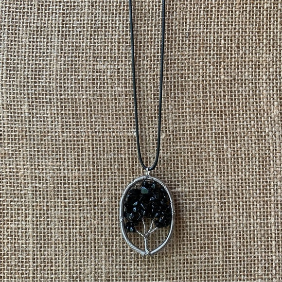 Black Obsidian Tree of Life Wire Wrapped Pendant Necklace Adjustable Cord Chain - Picture 2 of 7